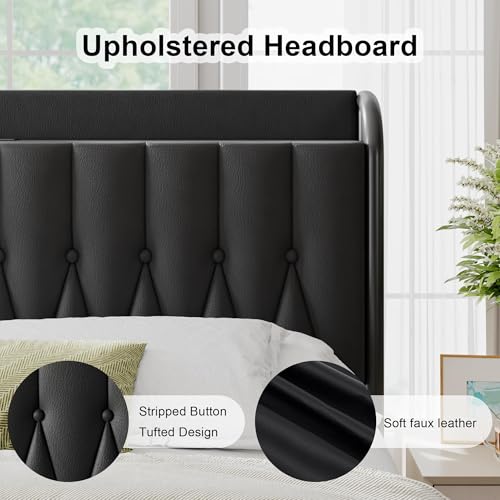 Image of Queen Bed Frame with Fast Charging Station, Leather Queen Size Metal Platform Beds with Upholstered Headboard & Footboard,12 inch Underbed Storage Space,Easy Assembly,Noise-Free,Black