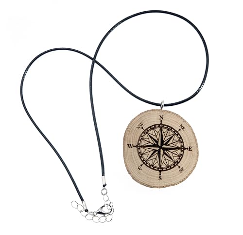 Ciondolo in legno naturale con bussola, rosa dei venti, navigazione, esplorazione
