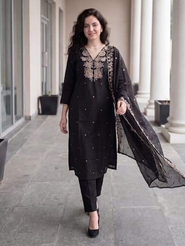 Image of INDO ERA Women's Silk Blend Floral Embroidered Thread Work Kurta & Pant with Dupatta Set (IEBBAI438)