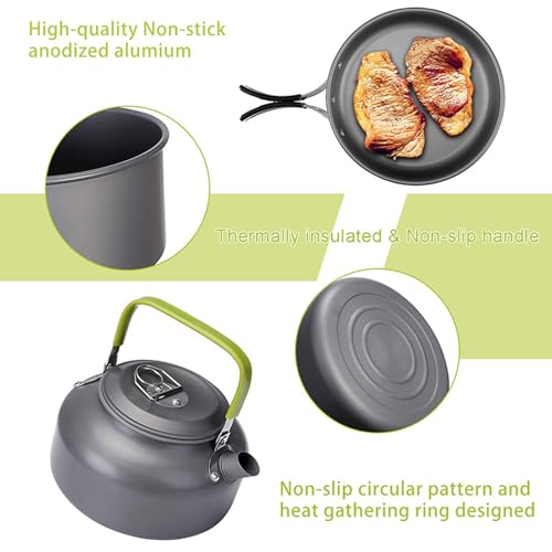 Camping Cookware Mess Kit, Protable Aluminum Alloy Cooking Equipment Lightweight Camping Pots and Pans Set with Stainless Steel Cups Plates Forks Knives Spoons for 2-3 People - Image 4
