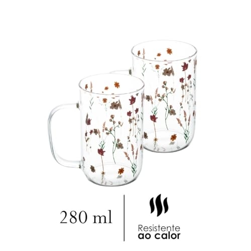 WOLFF - Conjunto 2 Canecas de Vidro Borossilicato Resistente a Calor Bouquet 280ml