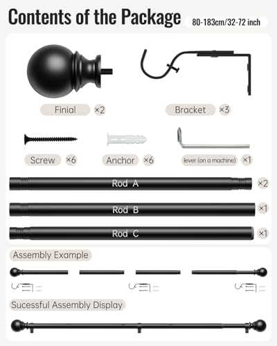 DEFYNEE Curtain Poles, 80 to 183 cm Matt Black Curtain Pole for Eyelet Curtains 25mm Diameter Extendable Small Curtain Rod with Bracket for Door, Bedroom, Dining Room, Living Room - Image 6