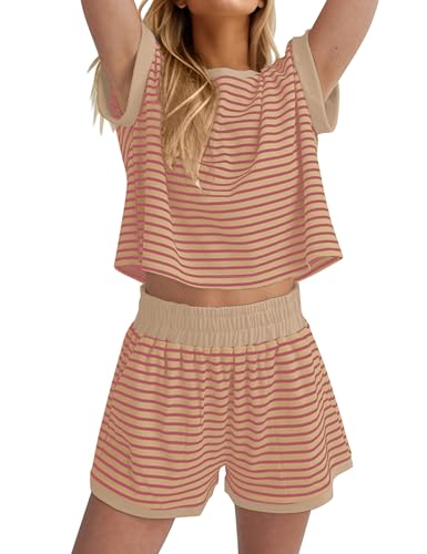 Image of MISSACTIVER 2 Piece Lounge Set Women Stripe Knit Short Sleeve Tee Shirts Shorts Casual Summer Loungewear Shorts Sets