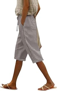 Womens Bermuda Shorts Solid Color Linen Casual Side Lace Summer Drawstring Pants with Pocket for Beach Vacations - Buy now