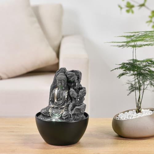 Zen'Light Revata Zimmerbrunnen, Buddha, entspannend, Wasserfall-Brunnen, Zen-Dekoration, Feng Shui, Glücksbringer, clevere und nützliche Geschenkidee, Tischbrunnen mit LED-Licht, H 18 cm
