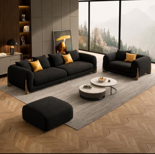 Image of Modern Sofa Chesterfield Design with Stylish Wooden Legs Bouncy Teddy Fabric Off-White Finish Sofa for Living Room, Bedroom, Hallways (3+1+Ottoman, Black)