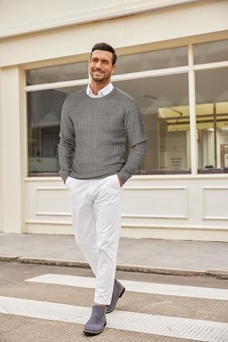 COOFANDY Men's Crewneck Cable Knit Sweaters Long Sleeve Lightweight Casual Twist Patterned Pullover Sweater B-Grey4