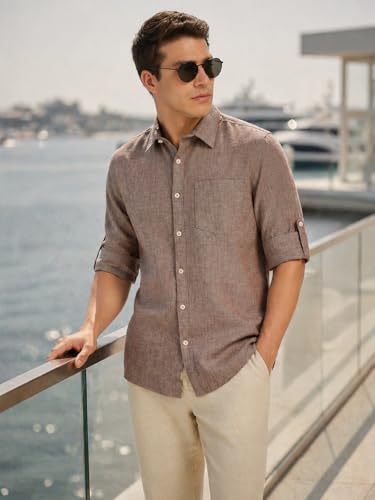 Image of Thomas Scott Men's | Solid | Premium Linen Blend | Spread Collar | Summer Wear | Long Sleeve | Shirts for Men