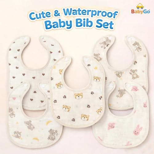 Image of BabyGo Muslin Bib Set of 3 Ultra-Soft & Absorbent Bibs with Adjustable Snap Buttons | Breathable | 6 Layer Waterproof Backing for Drooling | Teething & Feeding | 0-24 Months | MultiColor (Pack of 3)