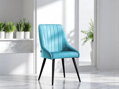 Image of Finch Fox Morris Velvet Dining Chair for Living Room, Bedroom, Home Office with Black Metal Legs in Light Blue Color