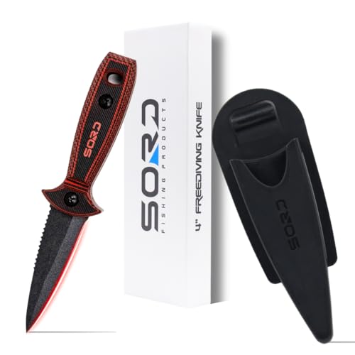 SORD Dive Knife - 4” Diving Knife for Spearfishing, Scuba Diving, and Free Diving with Sheath - Full Tang Knife | G10 Handle | Corrosion Resistant, Black & Red