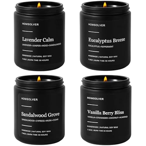 Homsolver Set of 4 Scented Candles, Candles for Men, Scented Candles for Home Decor, Gifts for Men Him, Vanilla, Lavender, Sandalwood, Eucalyptus Scented with Black Jar Cover