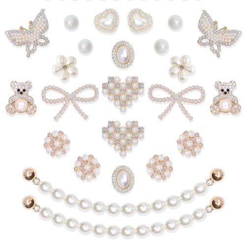WAQYGZO 24 Pcs Shoe Charms Chain Accessories for Women Pearl Flower Clog Shoe Decoration Charms Rhinestone Shoes Charms Bling Cute Decor for Party Birthday Valentines Day Gifts