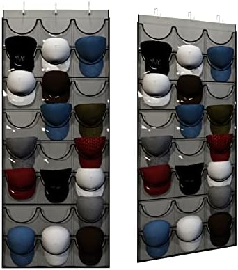Unjumbly Baseball Hat Rack, 24 Pocket Over-The-Door Cap Organizer with Clear Deep Pockets to Display Your Baseball Caps Collection, Complete with 3 Over Door Hooks, Fit 1 3/8" and 1 3/4" Door Width