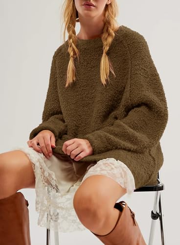 Image of Beaully Women's Oversized Crewneck Sweaters | Oversized style, Tunic sweater, Fuzzy knit, Soft knit, Loose fit, Drop shoulder
