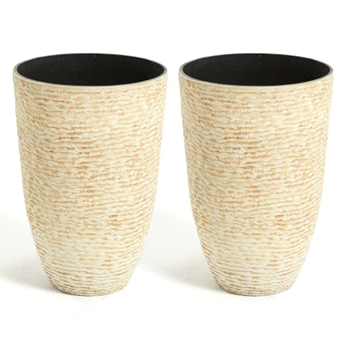 JonesHouseDeco 52cm Grande Fleur Pot Haute 2 PCS-35.5cm Dia Arbres résine Pots Fleurs, Intérieur/extérieur,Beige Plantateurs Pierre d'imitation,Plantateur...