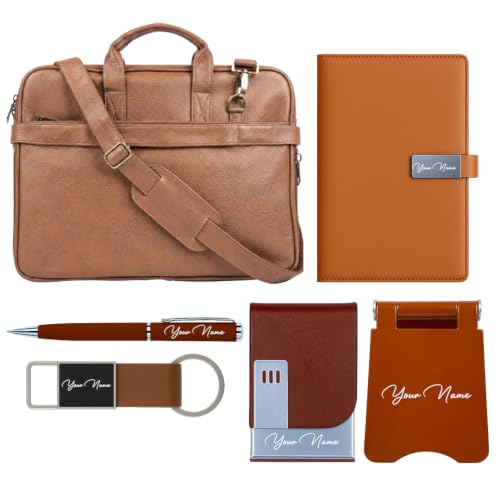 Image of Giftana 6 in 1 Premium Laptop Bag with Personalized Diary and Pen, Keychain, Card Holder, Mobile Stand with Name, Customized Gift for Husband, Father, Employee Welcome Kit, Corporate Gift for Employees (Brown)