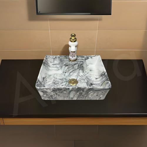 Image of Artiva Ceramic Wall Mounted Bathroom Basin /Designer Table Top Sink For Bathroom /Wall Hung Washbasin /Wash Basin For Cabinet, Countertop, Vanity (Canyon Silver 16 x 12 x 5 Inch)