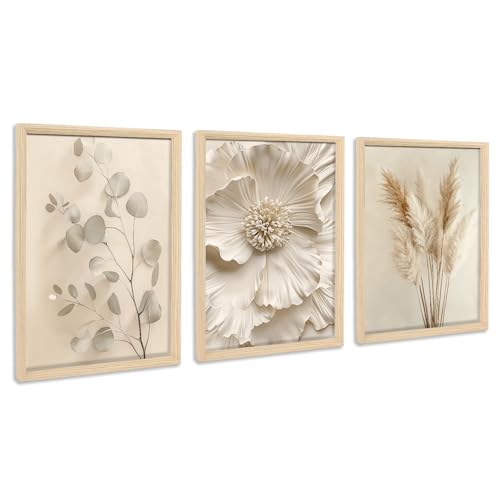 3Pcs Beige Blume Pampasgras Leinwand Bilder Mit Rahmen Creme Eukalyptus Blatt Bild Minimalistisch Floral Wandbilder Wohnzimmer Schlafzimmer Badezimmer Wanddeko 30x40cm x3pcs (Kein Plexiglas)