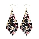 SHINUS BOHO Flower Black Beaded Long Tassel Western Native American Earrings For Women Dangling,Statement Bohemian Fringe Festive Design Summer Birthday Jewelry Gifts.
