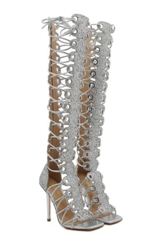 Image of STUPMARY Women Peep Toe Sandals Cut-outs Cross-tied Lace Up High Heeled Gladiator Sandals Zipper Over The Knee Bootie Summer