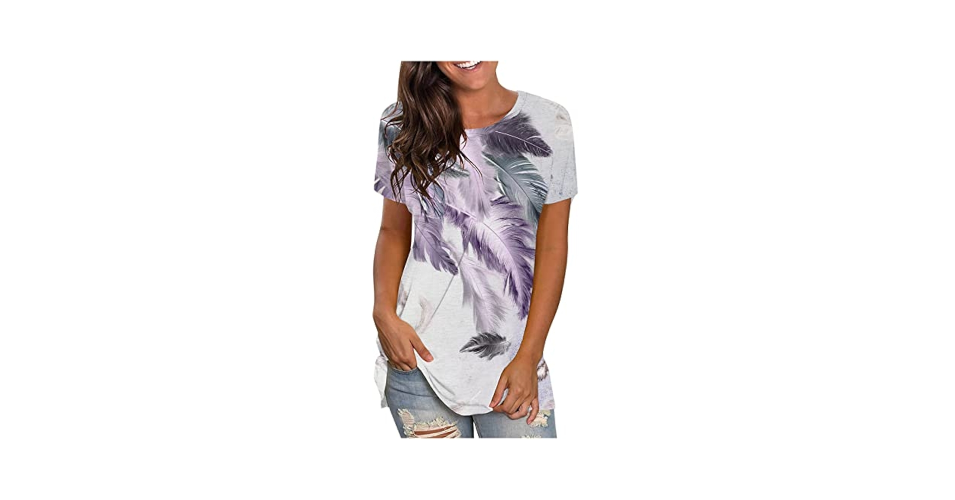 HOXINE Womens Summer Tops Feather Short Sleeve Crew Neck T