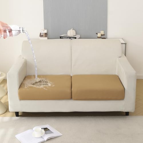 Image of HOKIPO 100% Waterproof Stretchable Elastic 140gsm Sofa Cushion Seat Cover, 2-Piece Seat Cushion Cover, Camel (AR-5352-CML*2)