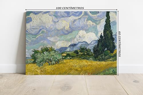 Tela Quadro Borda Infinita Obra de Arte Campo de Trigo com Ciprestes de Van Gogh Decoração 100x60cm