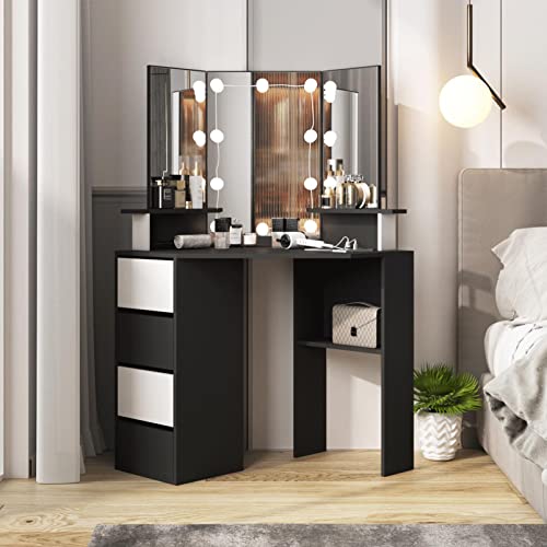 Corner Vanity Desk With Lighted Mirror & Power Strip,Black Makeup Vanity Table With Lights,42 Inch Corner Vanity Mirror With Lights And 4 Drawer, 3 Lighting Modes, Brightness Adjustable #TOP1