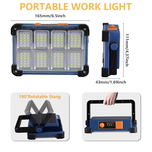 Image of 120W Solar Rechargeable Work Light, 144 LED Portable Flood Light with Stand, IP66 Waterproof 4 Modes LED Job Site Lighting Flashlights for Mechanic Camping Fishing Car Repair(Blue 1 Pack)