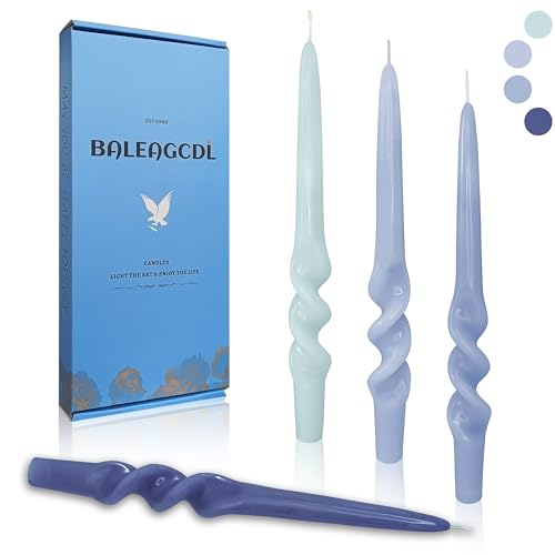 Image of Gradient Blue Smokeless Candles 9.5 Inch Dinner Twisted Taper Candle Unscented Spiral Candlesticks for Holiday Wedding Party Seasons Home Decor 4 PCS