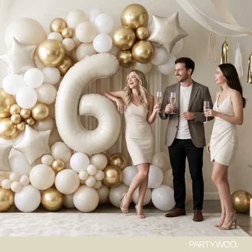 Image of PartyWoo Beige Number 6 Balloon 40 Inch 25pcs White Sand Foil Star Gold