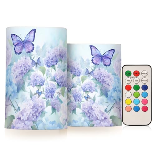 Image of ALAZA Blue Hydrangea Flowers with Butterflies Flickering Flameless Candles Battery Operated with Remote Timer,Tea Light Candles LED Pillar Votive Candles Set of 2 for Outdoor Indoor Decorations