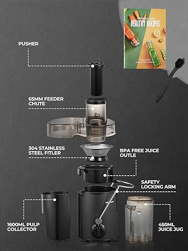 Image of HOUSNAT Centrifugal Juicer for Whole Fruit and Vegetables, 3 Speed, 400W | (MAX Power 800W) Juicer Machines with 65MM Wide Chute,Quick Extraction BPA-free, Cleaning Brush plus Recipe Book Included