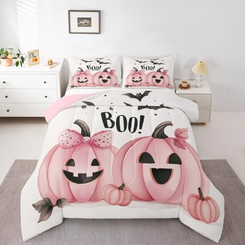 Homemissing Juego de edredón de decoración de Halloween para todas las estaciones, juego de ropa de cama rosa de Halloween con 2 fundas de almohada, microfibra de calabaza, ropa de cama doble para