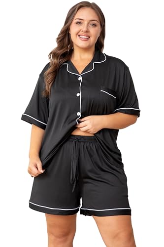 Image of Vozanet Women's Plus Size Button Down Pajamas Soft Lounge Sets Shorts with Pockets Bride Nighty Solid Soft Pjs 1x to 5x
