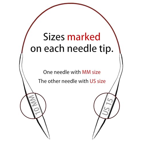 Image of cuteDIY Size 15 Circular Knitting Needles 16 Inch Set Round Metal Kit (Etched US&mm, Color-Coded Cable, Smooth Join)