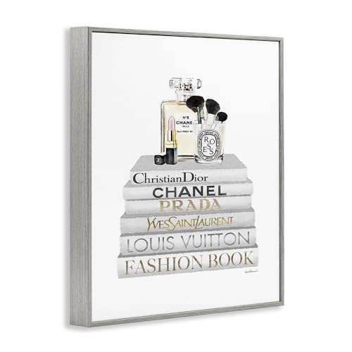 Image of 'Bookstack with Makeup Accessories'| Framed Giclee Art | Stupell Industries | Gray, 24 x 30 Inches, Easy to Hang and Sturdy, Made in USA, by Amanda Greenwood