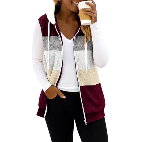 Oversized Sherpa Vest Womens Fuzzy Warm Hooded Vest Long Color Block Sleeveless Reversible Zip Up Jacket with Pockets 5