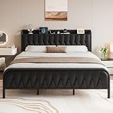Einhomn Queen Size Metal Bed Frame with Charging Station, Faux Leather Platform Bed with Storage Headboard & Footboard, 12' Underbed Space, No Box Spring Needed, Easy Assembly, Black
