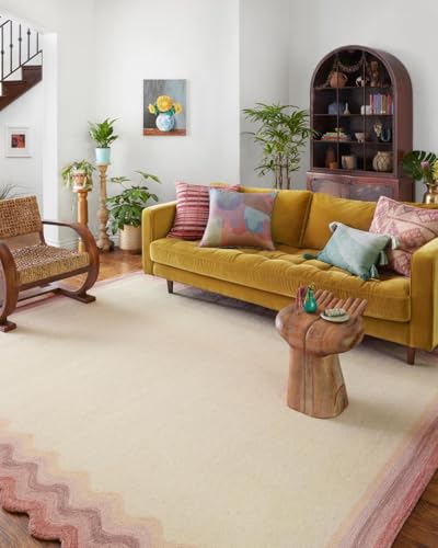Image of Modern Irregular Shape Pattern Wool Carpet with Loop Texture Yarn Anti Shedding Carpet Size 12x15 Feet B3 Pink Multi Color