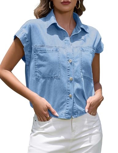 Women's Denim Shirt Casual Short Sleeve Button Down Chambray Blouse Summer Cropped Jean Shirt Tops