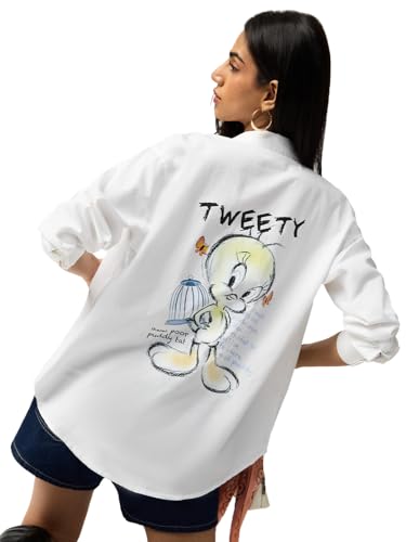 T-shirt Looney Tunes Tweety pour femmes en coton brodé blanc à manches longues