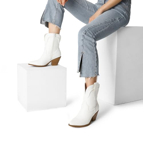 DREAM PAIRS DREAM PAIRS Women's Cowboy Ankle Boots Western Booties Low Heel Pointed Toe Cowgirl Boots,Size 8,White,SDAB2302W