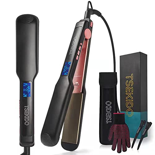 TSEKIDO Hair Straightener and Curler 2 in 1 ,Professional Natural Titanium Flat Iron with Dual Voltage and LCD Display , Fast 15 S Heating Hair Straightening Iron with Lock Key Design (1 inch, Black)