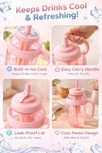 Image of 1300ml Large Capacity Insulated Transparent Tumbler Bottle with Straw & Handle, Leakproof Detox, Green Tea, Milkshake, Beverages, Juice & Cold Drinks | Gym, Travel, Office & Fitness (PINK)