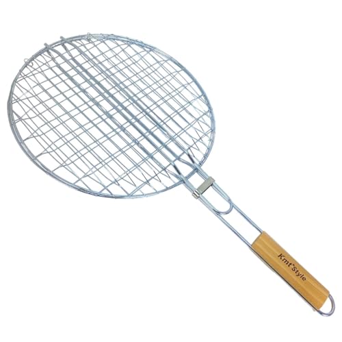 Parrilla para Barbacoa Redonda, Mango Doble de Madera, Cesta Pescado, Hamburguesas.