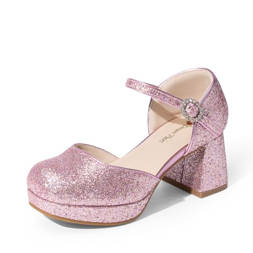 DREAM PAIRS Girls Dress Shoes Platform Square Toe High Heels Ankle Strap Party Wedding Flower Pump for Little Big Kid,Size 11 Little Kid,Pink,SKPU26002K