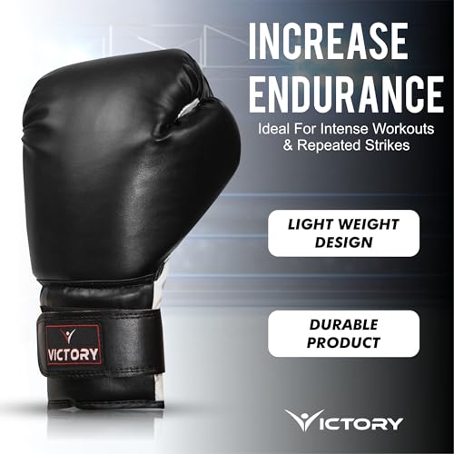 Image of VICTORY Boxing Gloves for Men & Women with Moulded Foam Padding Gloves for Boxing, Training, Kickboxing, Muay Thai, MMA, Durable Pu Material Punching Gloves (Black /White, 10-12 Oz)