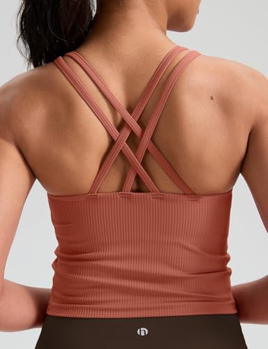 Image of HeyNuts Zeal Bras Longline Ribbed Medium Support Sports Bras, Crisscross Back Tank Tops with Removable Pads A-D Cups